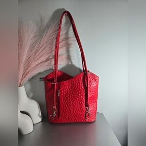 Vintage Italian Red Ostrich Embossed Leather Convertible Tote Backpack
